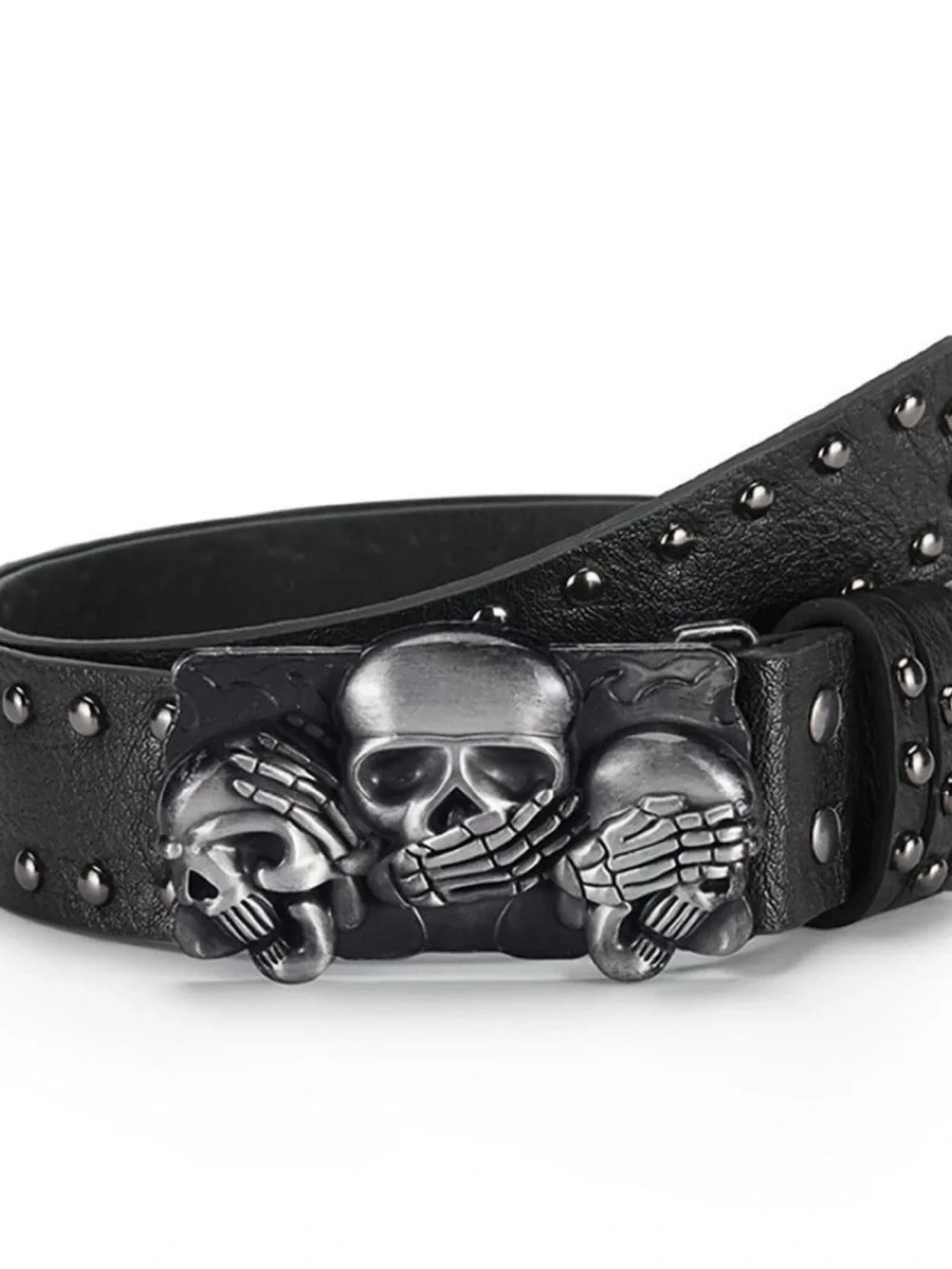 Black Skull Studded Leather Belt with Silver Buckle